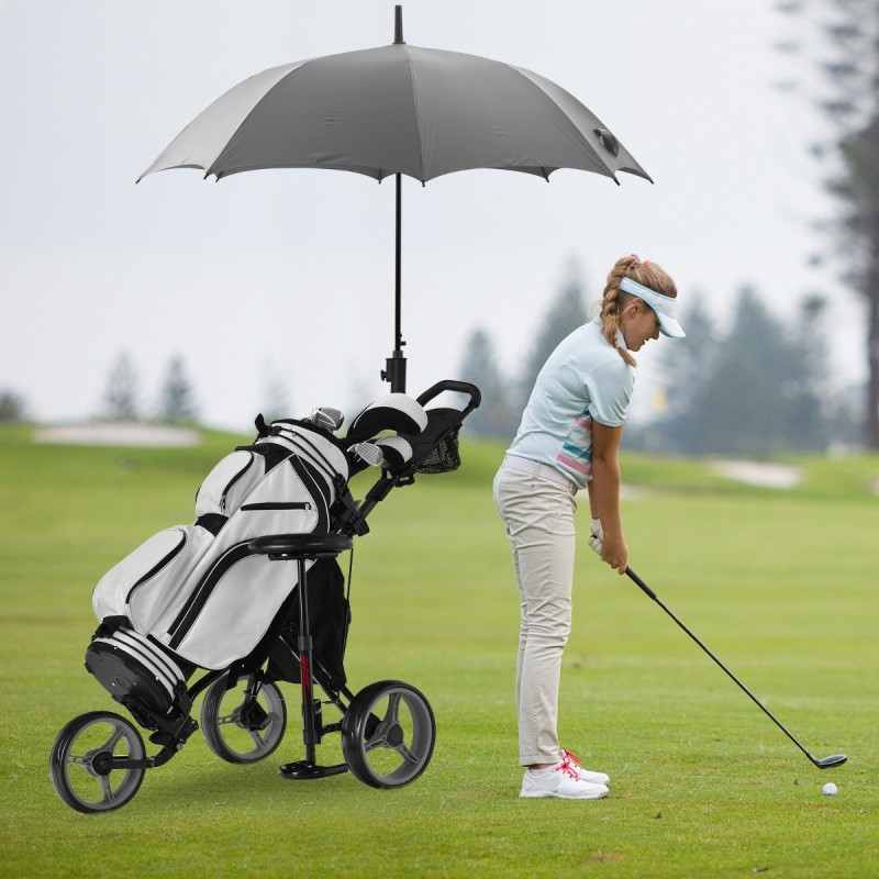 Kolmipyöräinen alumiininen golfkärry istuimella ja sateenvarjotelineellä