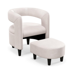 Mukava beige nojatuoli ja rahi puukehyksellä Mukava beige nojatuoli ja rahi puukehyksellä