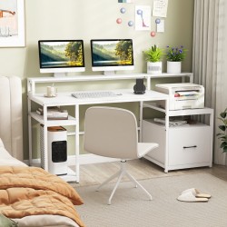 Valkoinen moderni työpöytä näyttötelineellä ja säilytystilalla