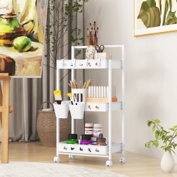 Kolmitasoinen valkoinen säilytyskärry kupeilla ja koukuilla