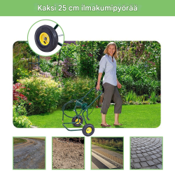 Metallinen puutarhaletkuvaunu vihreä, 61m kapasiteetti, ilmarenkaat