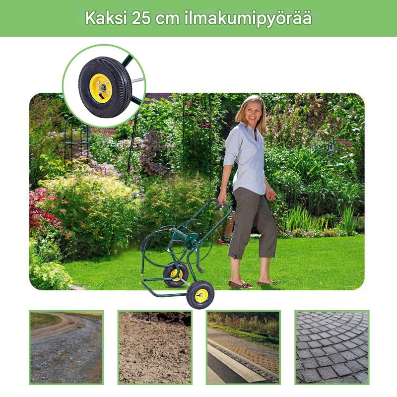 Metallinen puutarhaletkuvaunu vihreä, 61m kapasiteetti, ilmarenkaat