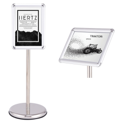 Hopeanvärinen kääntyvä infoständi julisteille ja mainoksille