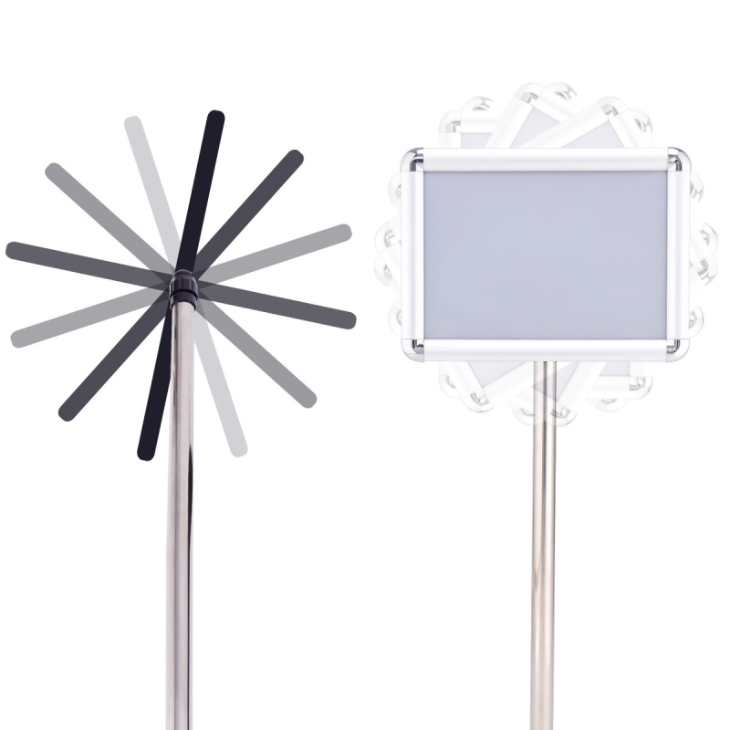 Hopeanvärinen kääntyvä infoständi julisteille ja mainoksille