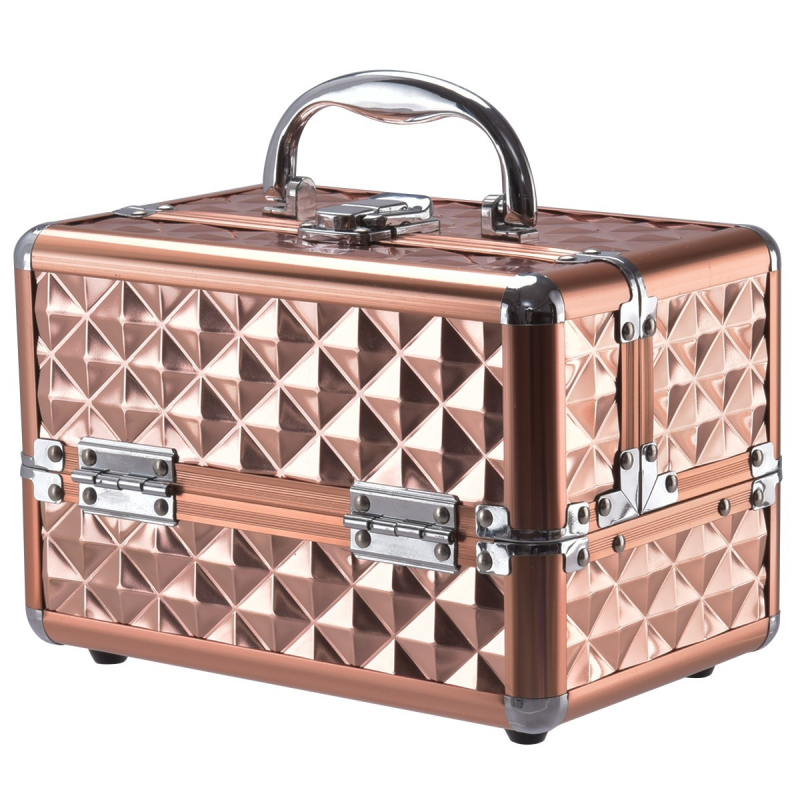 Kultainen alumiininen kosmetiikkakotelo peilillä ja tarjottimilla