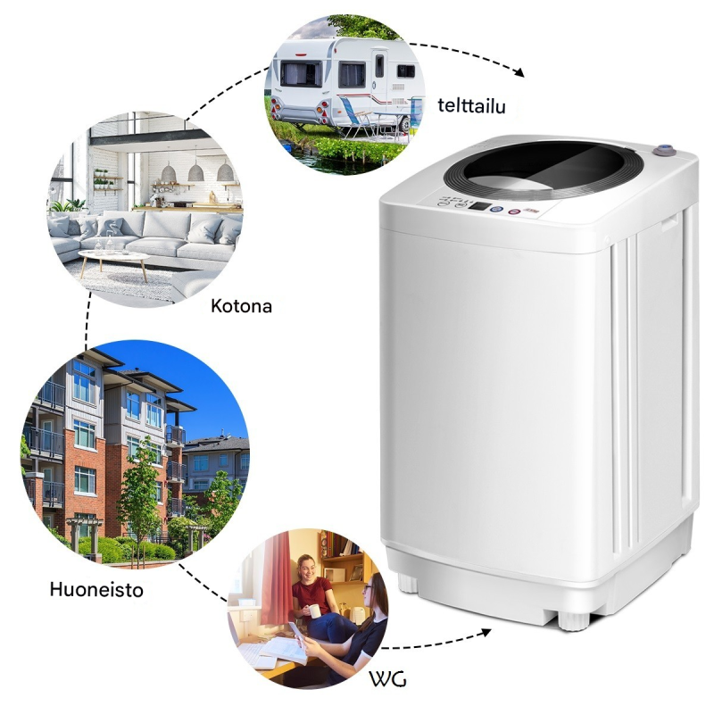 Monikäyttöinen valkoinen mini-pesukone pieniin tiloihin