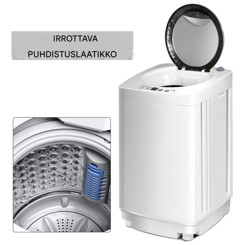 Monikäyttöinen valkoinen mini-pesukone pieniin tiloihin