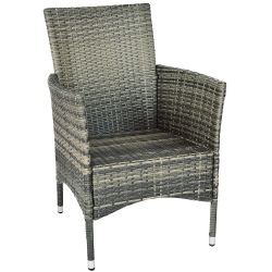 Harmaa rattan parvekesetti pöydällä ja pehmusteilla