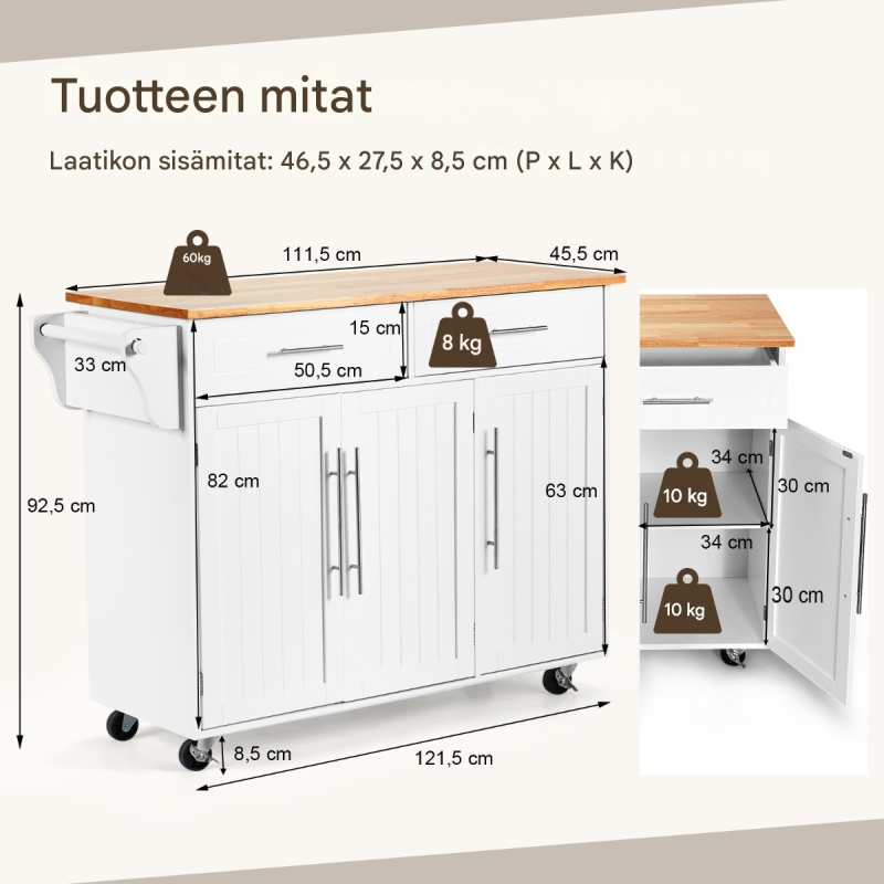 Valkoinen keittiösaareke pyörillä ja säilytystilalla