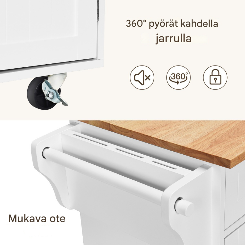 Valkoinen keittiösaareke pyörillä ja säilytystilalla