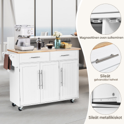 Valkoinen keittiösaareke pyörillä ja säilytystilalla