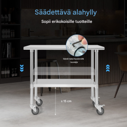 Ruostumaton teräksinen työtaso pyörillä, säädettävä hylly