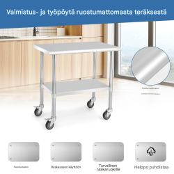 Ruostumaton teräksinen työtaso pyörillä, säädettävä hylly