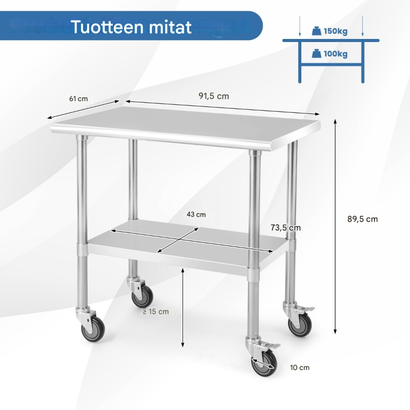 Ruostumaton teräksinen työtaso pyörillä, säädettävä hylly