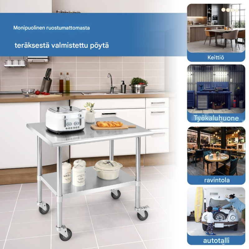 Ruostumaton teräksinen työtaso pyörillä, säädettävä hylly