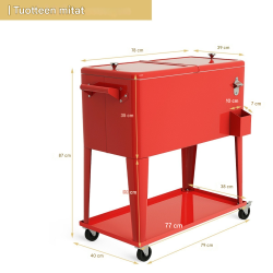 Punainen kylmävaunu 76L pyörillä ja pullonavaajalla