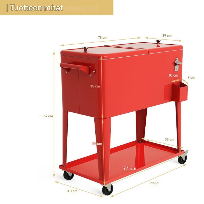 Punainen kylmävaunu 76L pyörillä ja pullonavaajalla