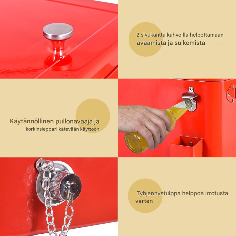 Punainen kylmävaunu 76L pyörillä ja pullonavaajalla