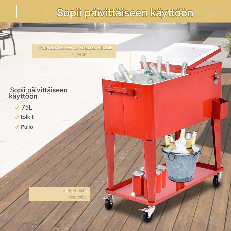Punainen kylmävaunu 76L pyörillä ja pullonavaajalla