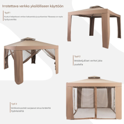 Tilava beige puutarhapaviljonki hyönteissuojalla ja säädettävillä seinillä