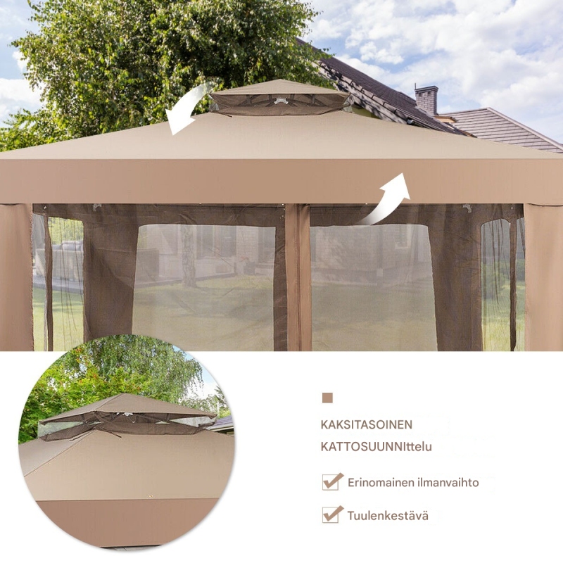 Tilava beige puutarhapaviljonki hyönteissuojalla ja säädettävillä seinillä