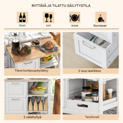 Rullattava valkoinen keittiövaunu säilytystilalla ja pyörillä