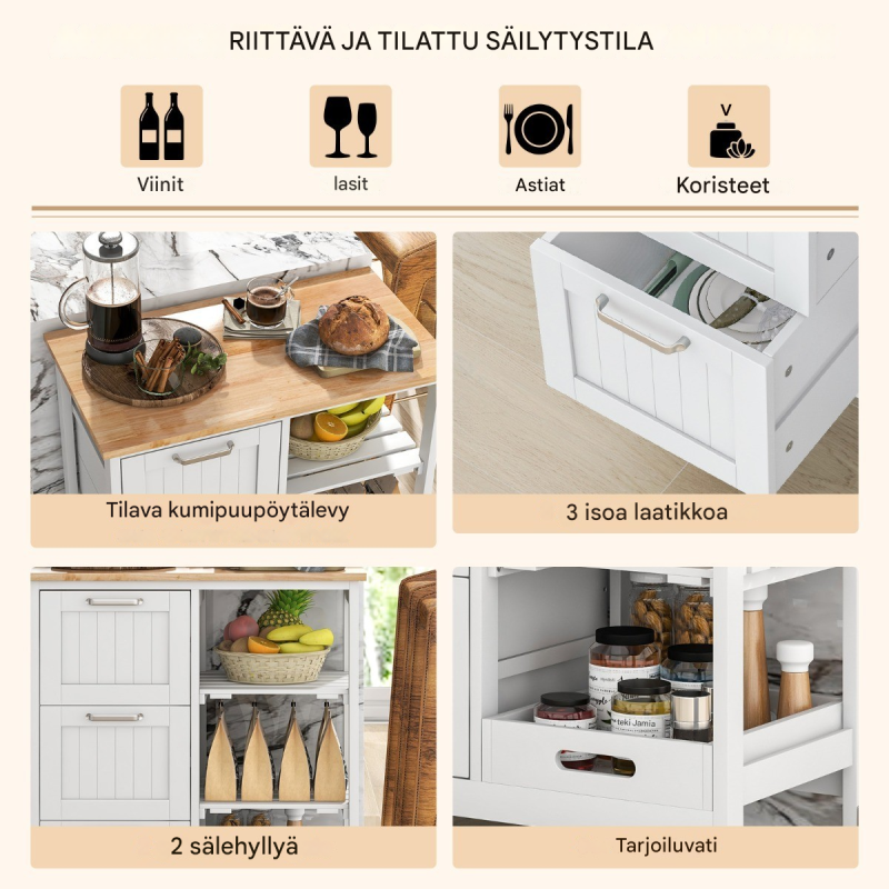 Rullattava valkoinen keittiövaunu säilytystilalla ja pyörillä