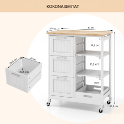 Rullattava valkoinen keittiövaunu säilytystilalla ja pyörillä