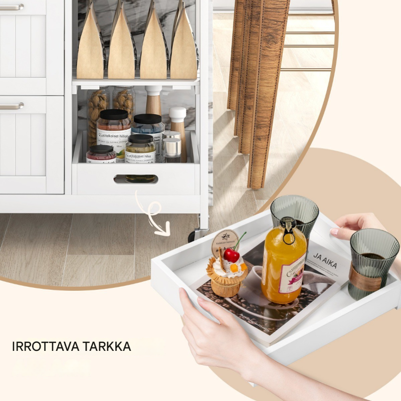 Rullattava valkoinen keittiövaunu säilytystilalla ja pyörillä