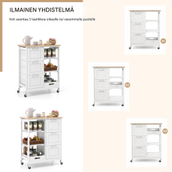 Rullattava valkoinen keittiövaunu säilytystilalla ja pyörillä