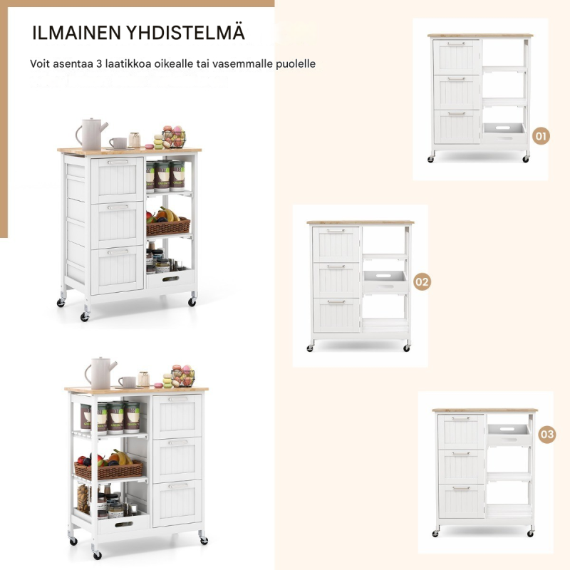 Rullattava valkoinen keittiövaunu säilytystilalla ja pyörillä