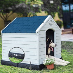 Sinivalkoinen muovinen koirankoppi korotetulla pohjalla