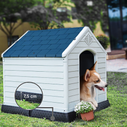 Sinivalkoinen muovinen koirankoppi korotetulla pohjalla