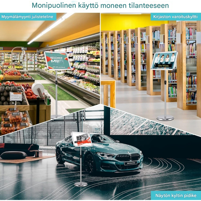 Korkeussäädettävä musta infoständi alumiinikehyksellä ja teräsjalustalla