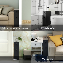 Kapea musta kylpyhuoneen sivukaappi laatikolla ja hyllyillä