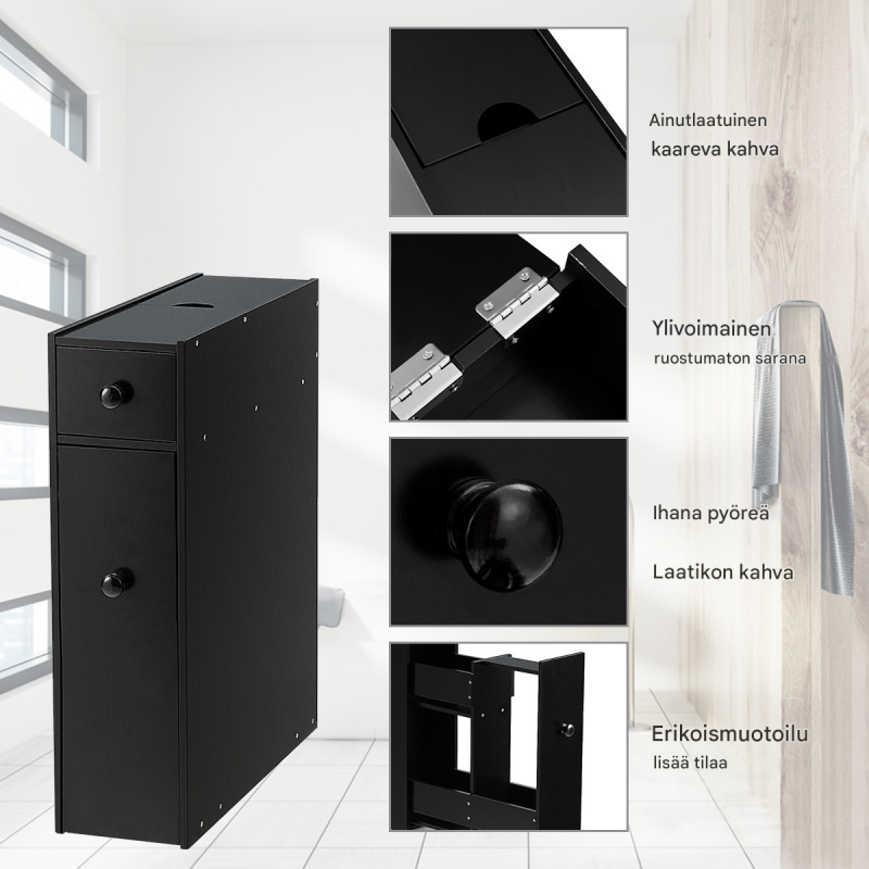 Kapea musta kylpyhuoneen sivukaappi laatikolla ja hyllyillä