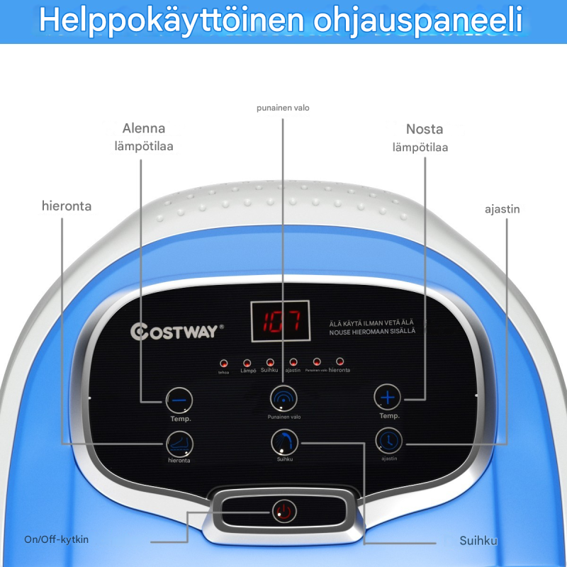 Sininen shiatsu-jalkakylpylaite hierontarullilla ja suihkutoiminnolla