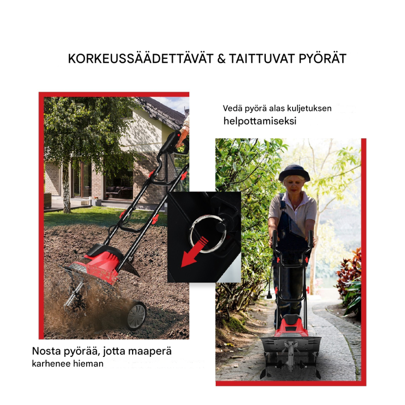 Sähköinen puutarhajyrsin ja kultivaattori, punainen ja musta