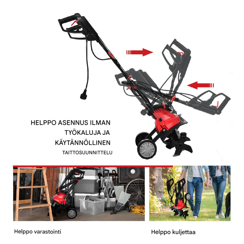 Sähköinen puutarhajyrsin ja kultivaattori, punainen ja musta