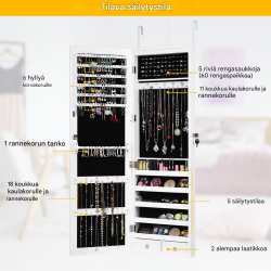 Valkoinen LED-valaistu korukaappi kokopeilillä ja lukolla