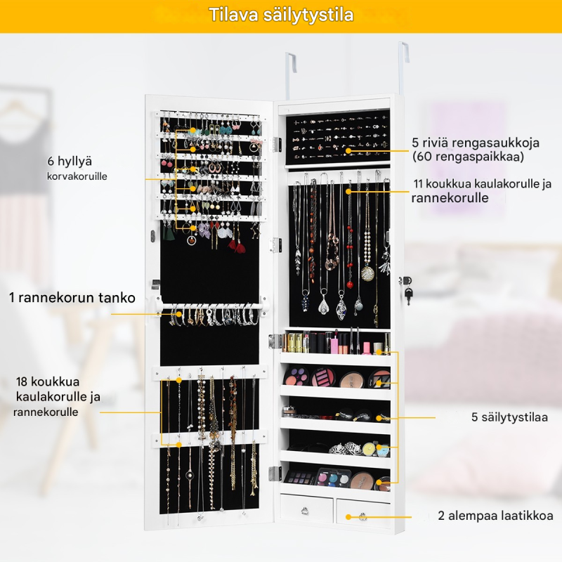 Valkoinen LED-valaistu korukaappi kokopeilillä ja lukolla