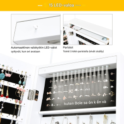 Valkoinen LED-valaistu korukaappi kokopeilillä ja lukolla