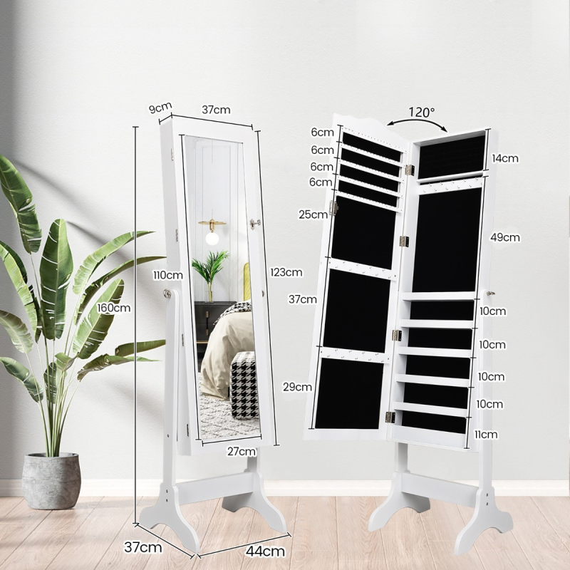 Lukittava valkoinen korukaappi peilillä ja säädettävällä kulmalla