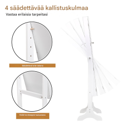 Lukittava valkoinen korukaappi peilillä ja säädettävällä kulmalla