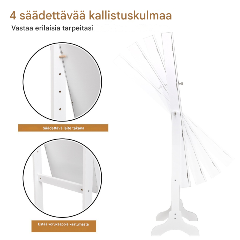 Lukittava valkoinen korukaappi peilillä ja säädettävällä kulmalla