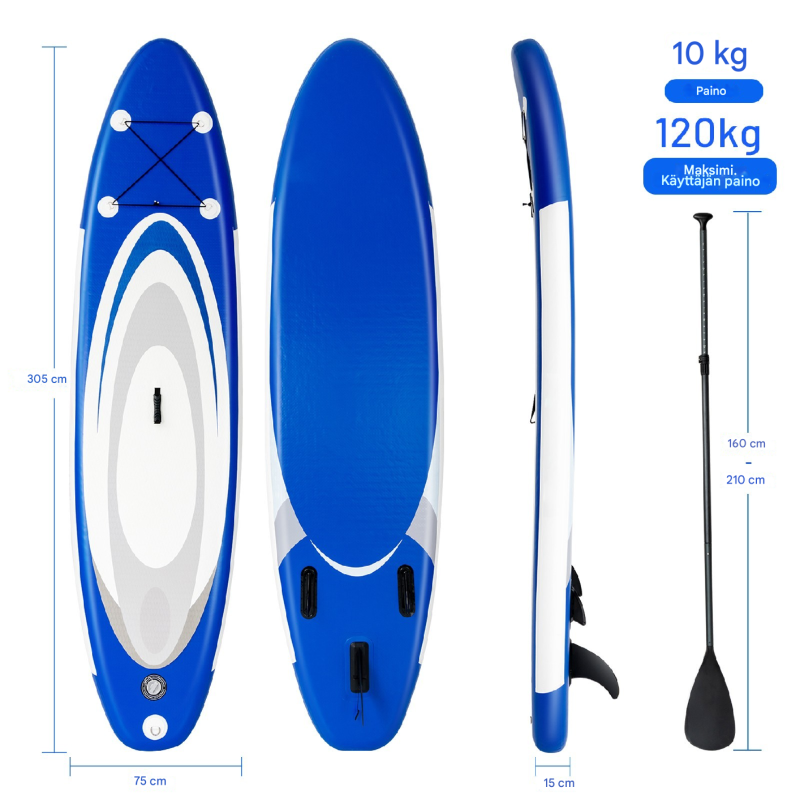 Sinivalkoinen leveä ilmatäytteinen SUP-lauta liukumattomalla pinnalla