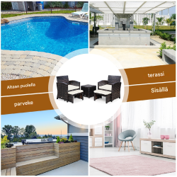 5-osainen ruskea ja valkoinen rottinkikalustesetti puutarhaan