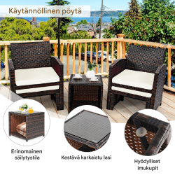 5-osainen ruskea ja valkoinen rottinkikalustesetti puutarhaan