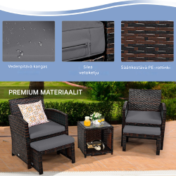 Rottinkinen 5-osainen kalustesetti terassille, ruskea ja harmaa