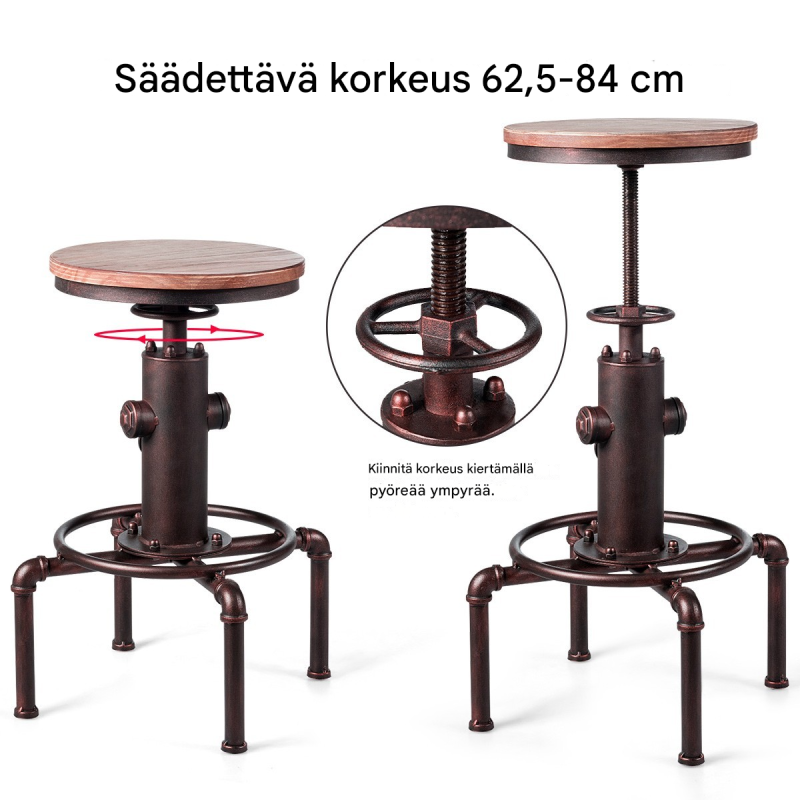 Säädettävä teollinen baarijakkara, mänty ja pronssi